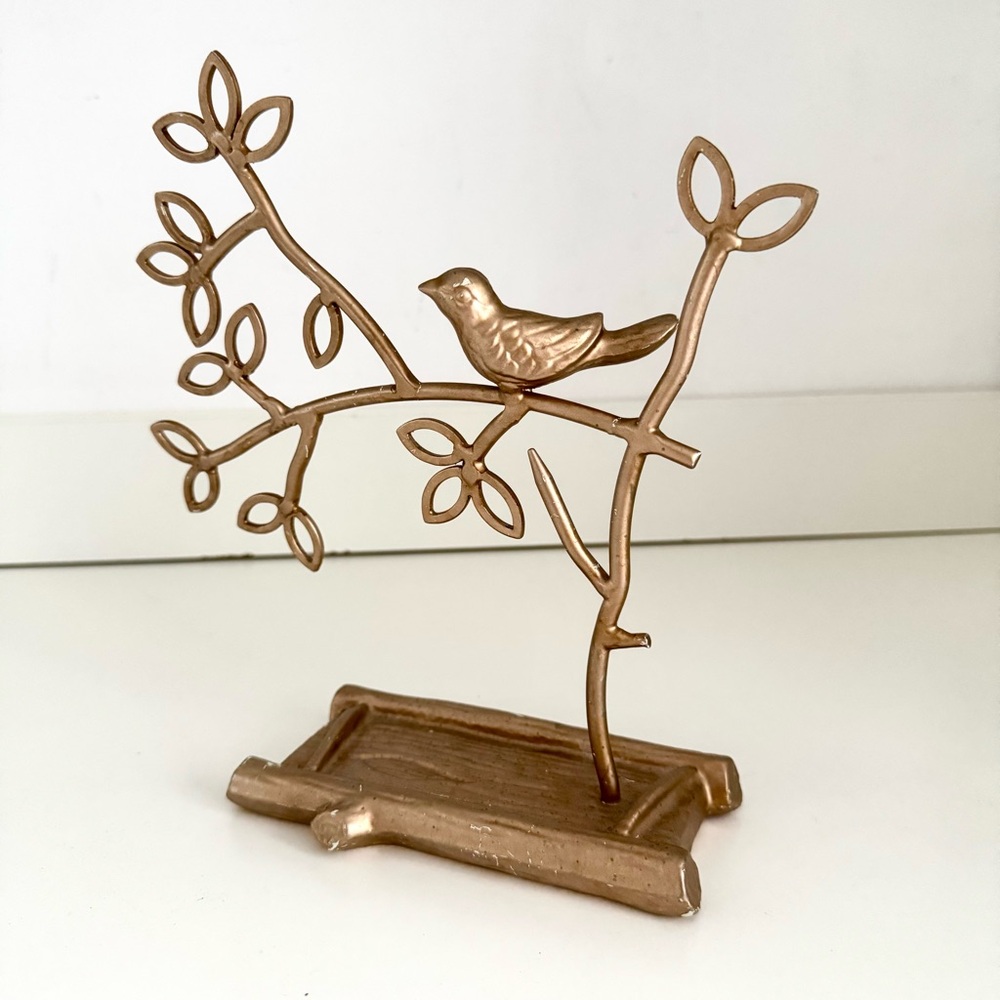Vintage Shabby Chic Cottage Core Bird on Branch Gold Jewelry Tree Decor - Picture 3 of 15